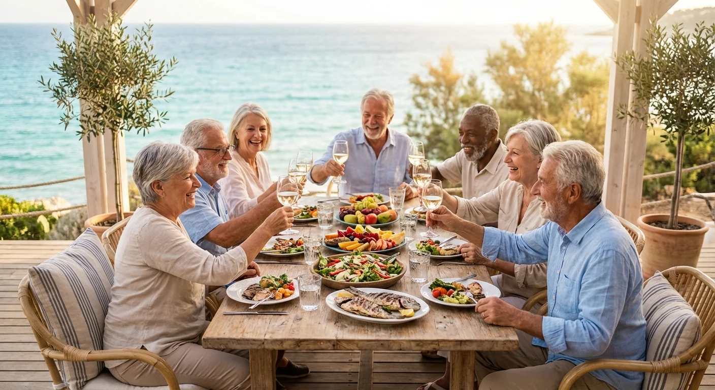 A group of happy retirees dining together on a luxury oceanfront terrace.