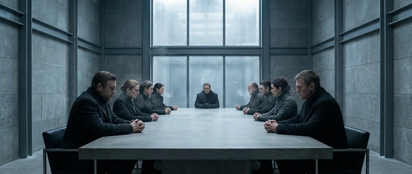 A group of office workers sitting in silence with their heads down.