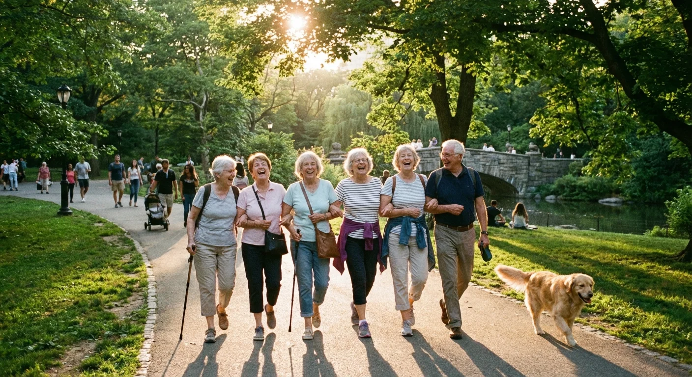 A group of senior friends walking together in a beautiful park.