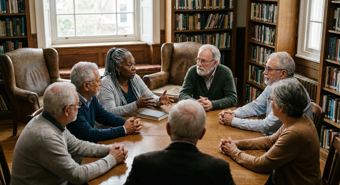 A group of seniors having an engaged discussion in a comfortable, wood-paneled library.