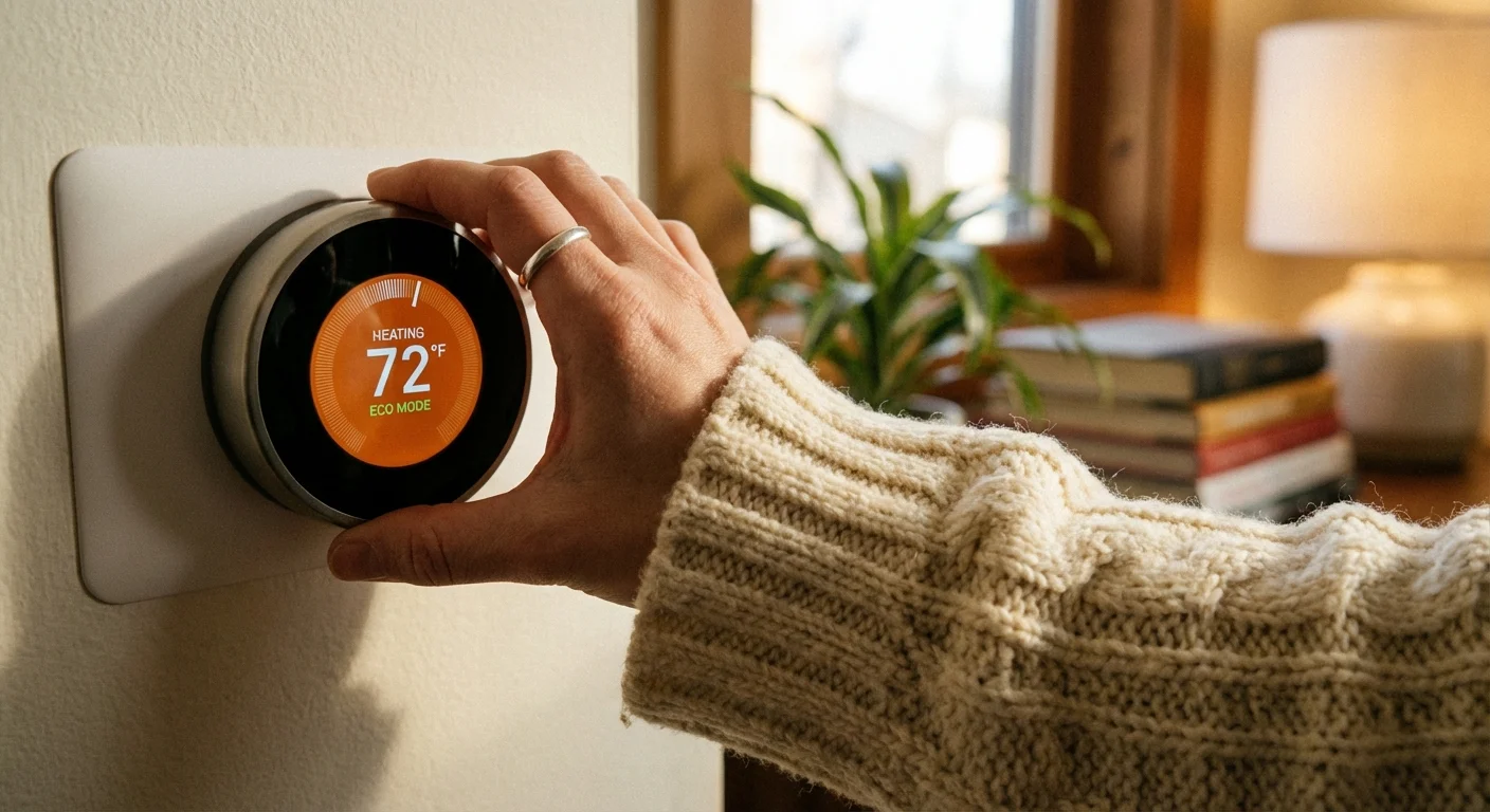 A hand adjusting a smart thermostat on a wall in a cozy home.