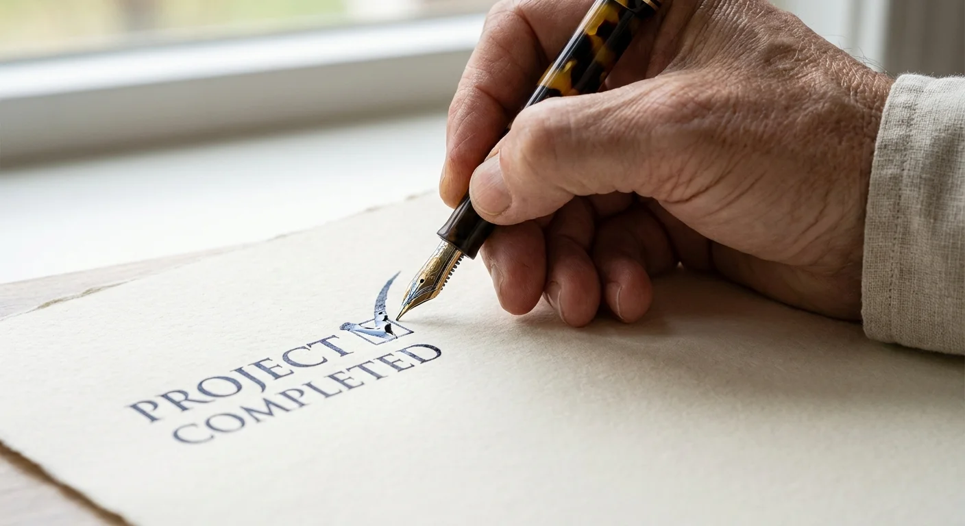 A hand checking off a task on a document, symbolizing the removal of mortgage insurance.