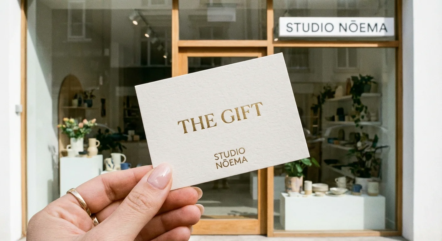 A hand holding a gift card in front of a retail store.