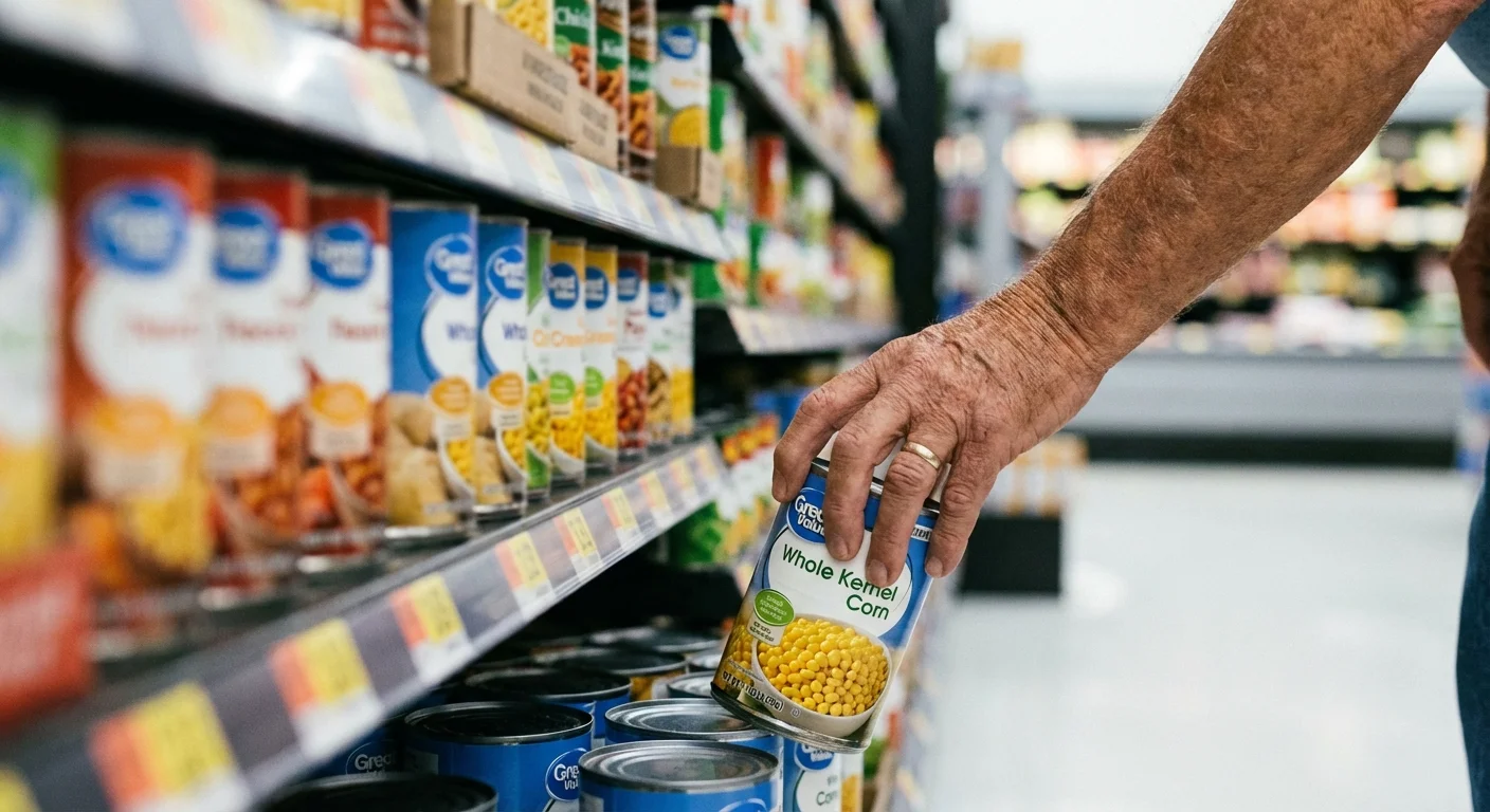 A hand reaching for a lower shelf in a grocery store.