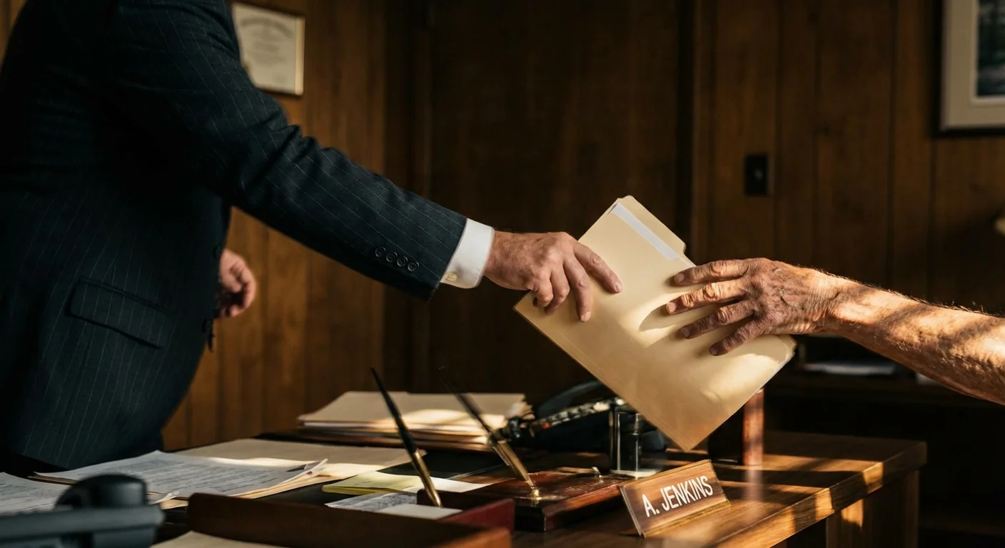 A hand taking a folder away from an employee's desk suddenly.