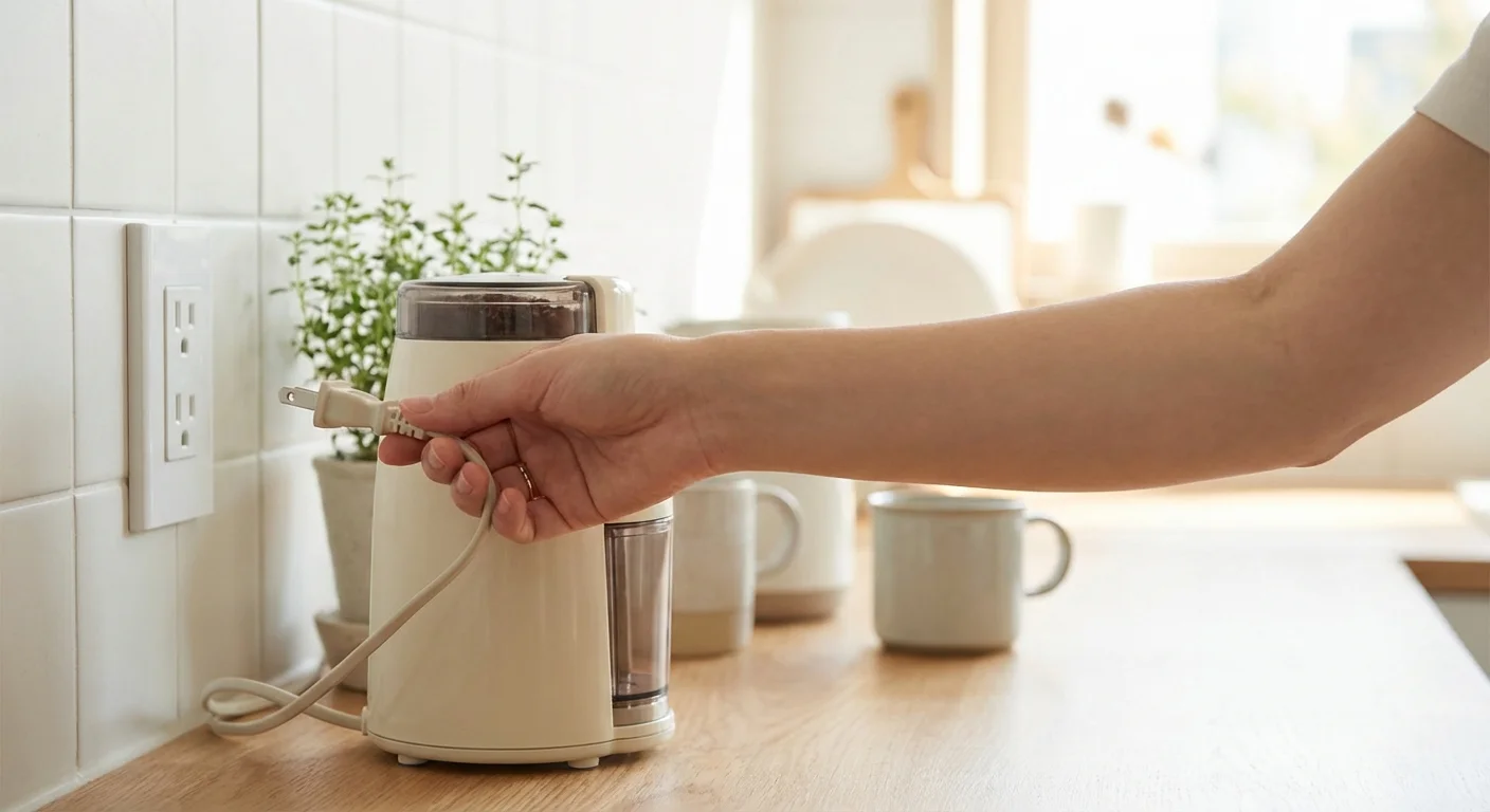 A hand unplugging a cord from a wall outlet in a bright kitchen.
