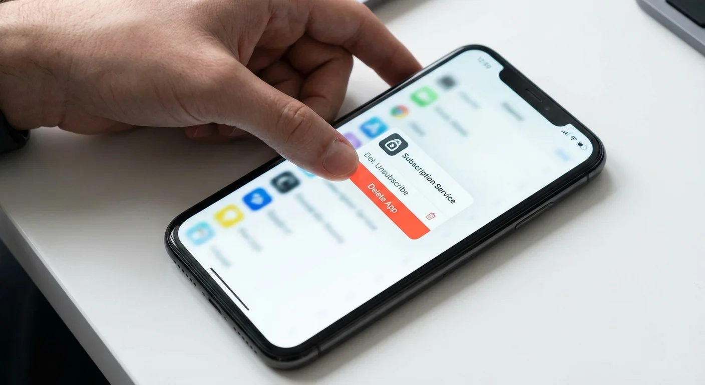 A hand unsubscribing from digital services on a smartphone.