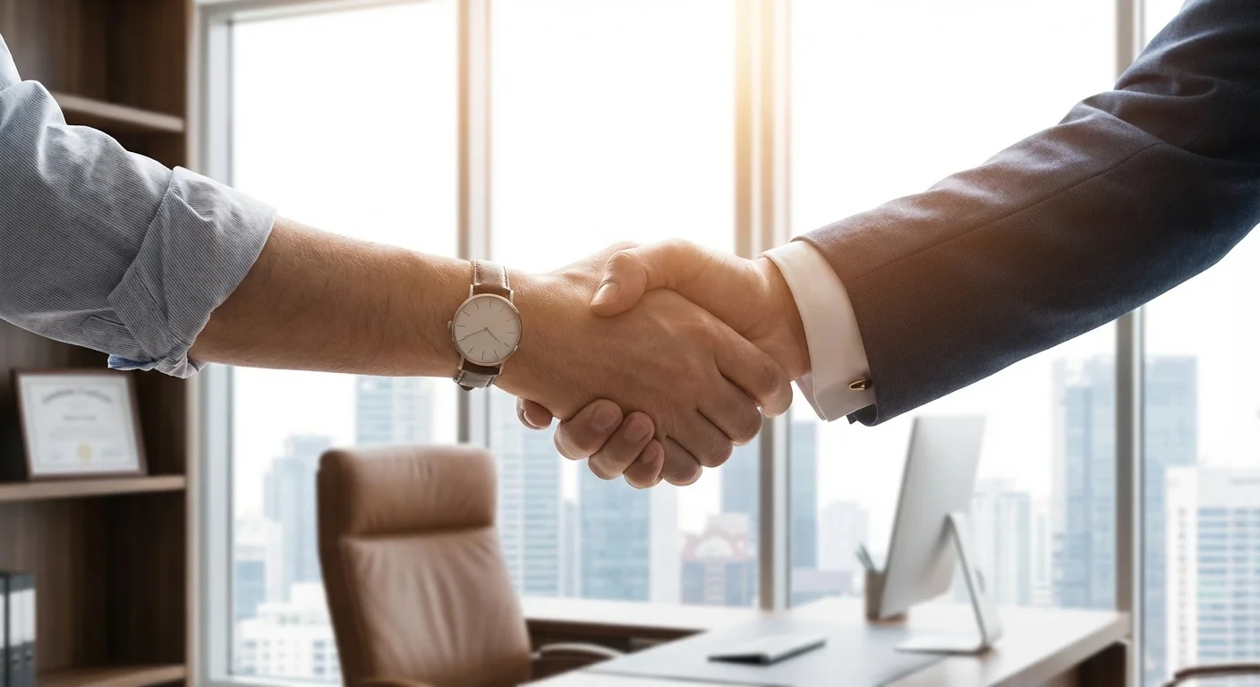 A handshake representing an employer's 401(k) matching contribution.