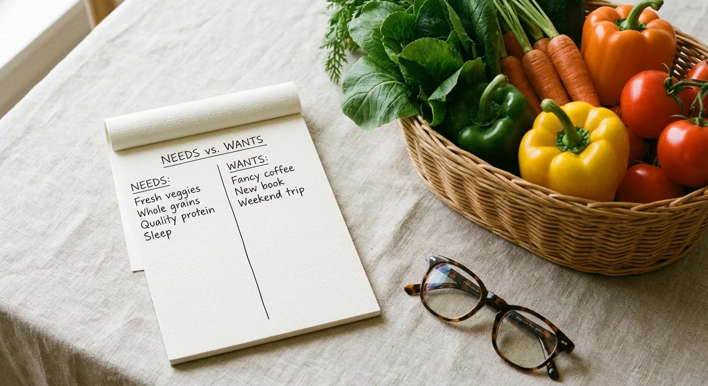 A handwritten list of financial priorities next to a basket of fresh produce.