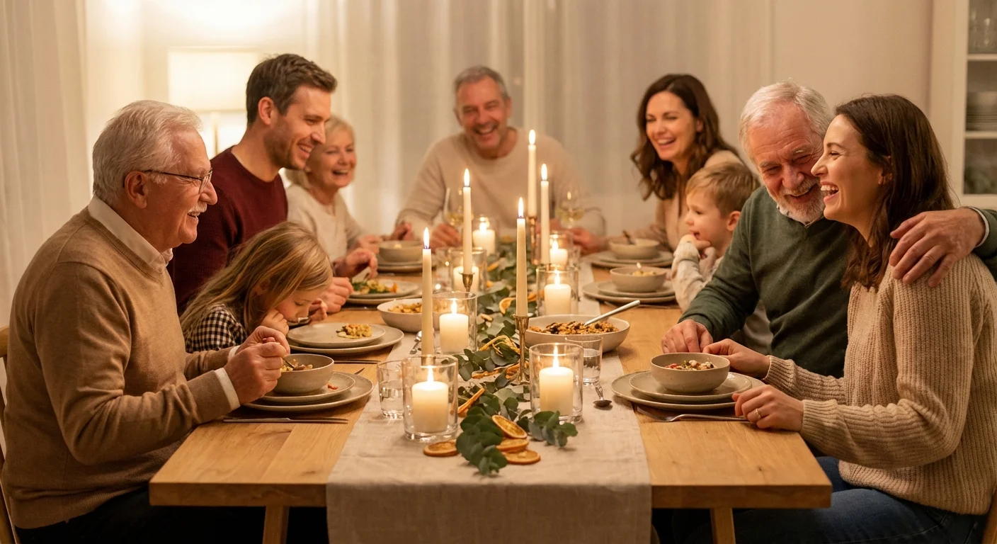 A happy multigenerational family sharing a meal in a warmly lit dining room.