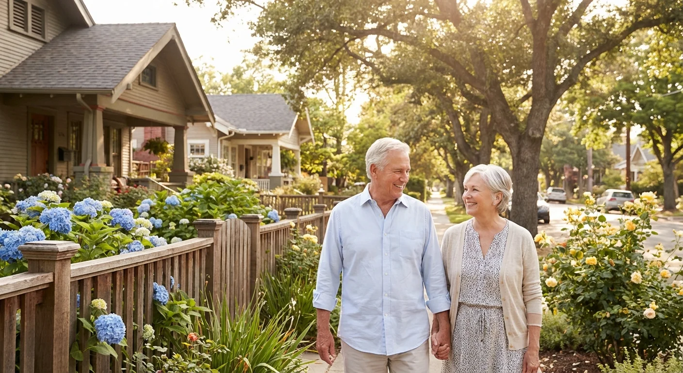 A happy senior couple walking through a beautiful, affordable neighborhood.