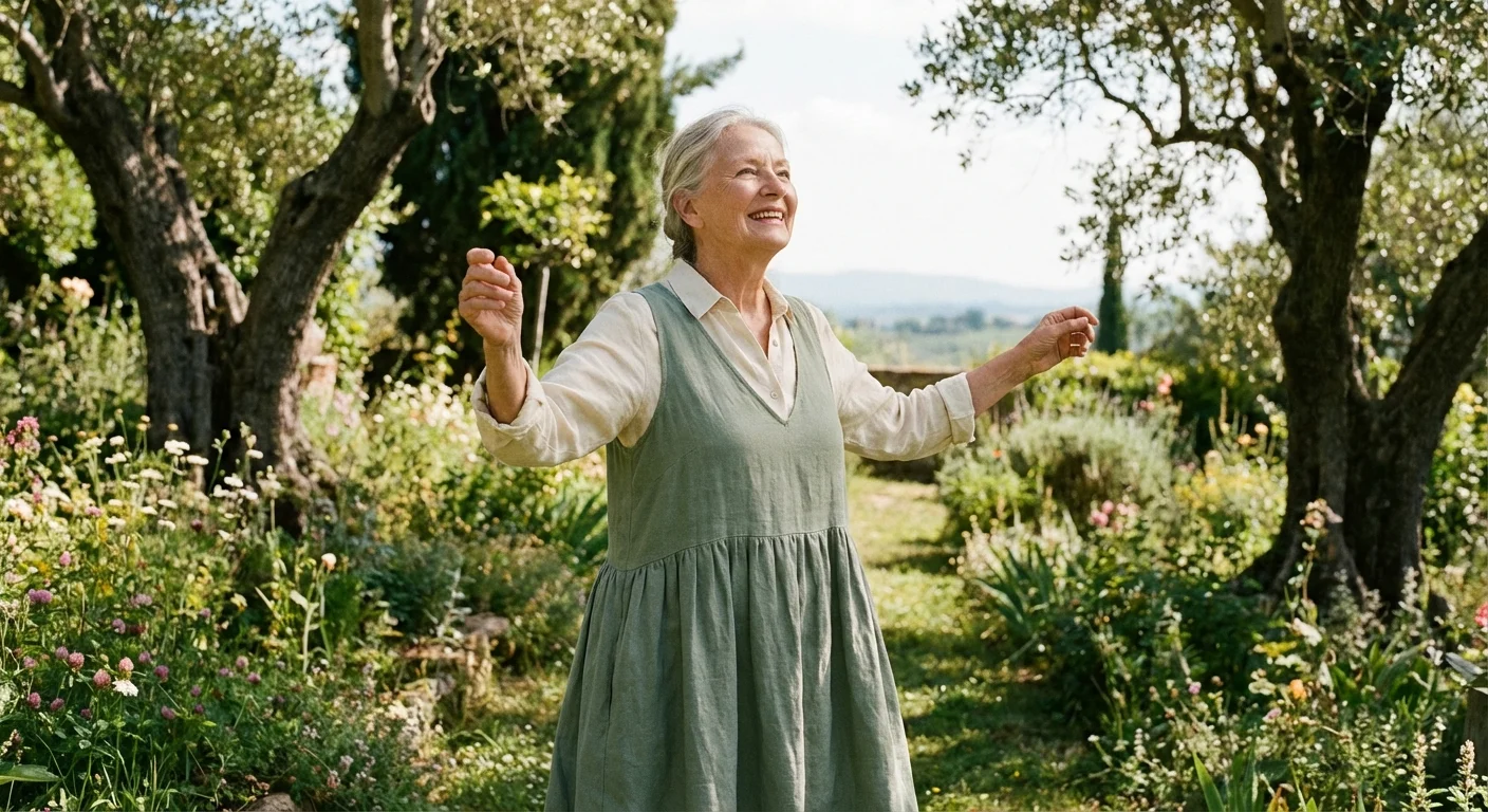 A happy senior woman enjoying the peace of her garden, symbolizing retirement readiness.