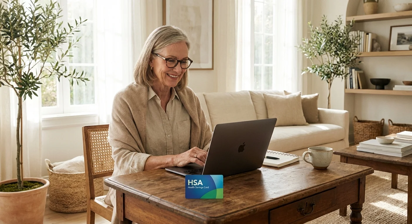 A health savings card resting on a table next to a laptop in a bright room.