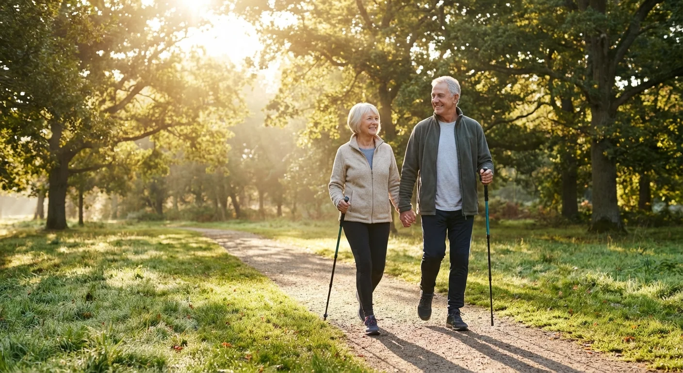 A healthy senior couple walking in a park, representing wellness and health insurance benefits.
