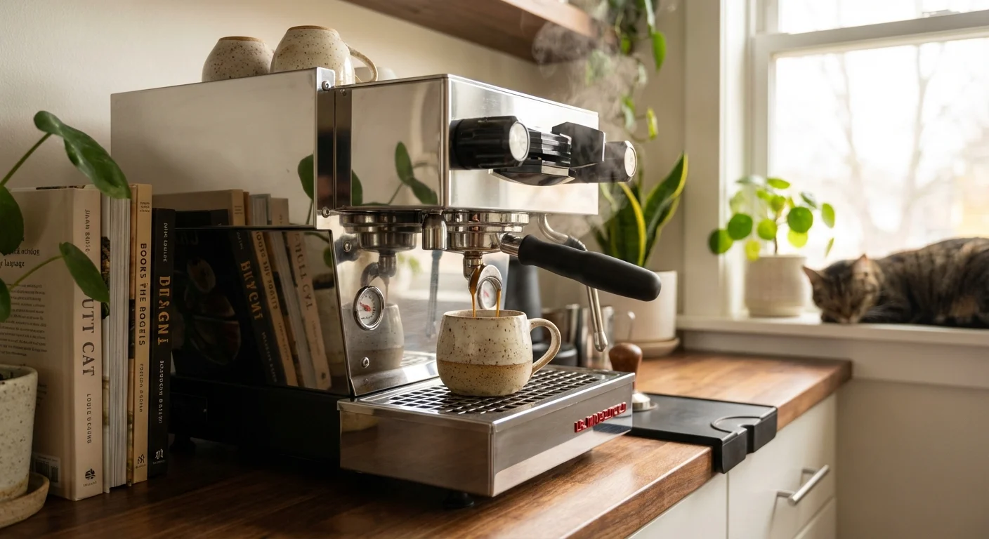 A high-quality home espresso machine making coffee in a bright kitchen.