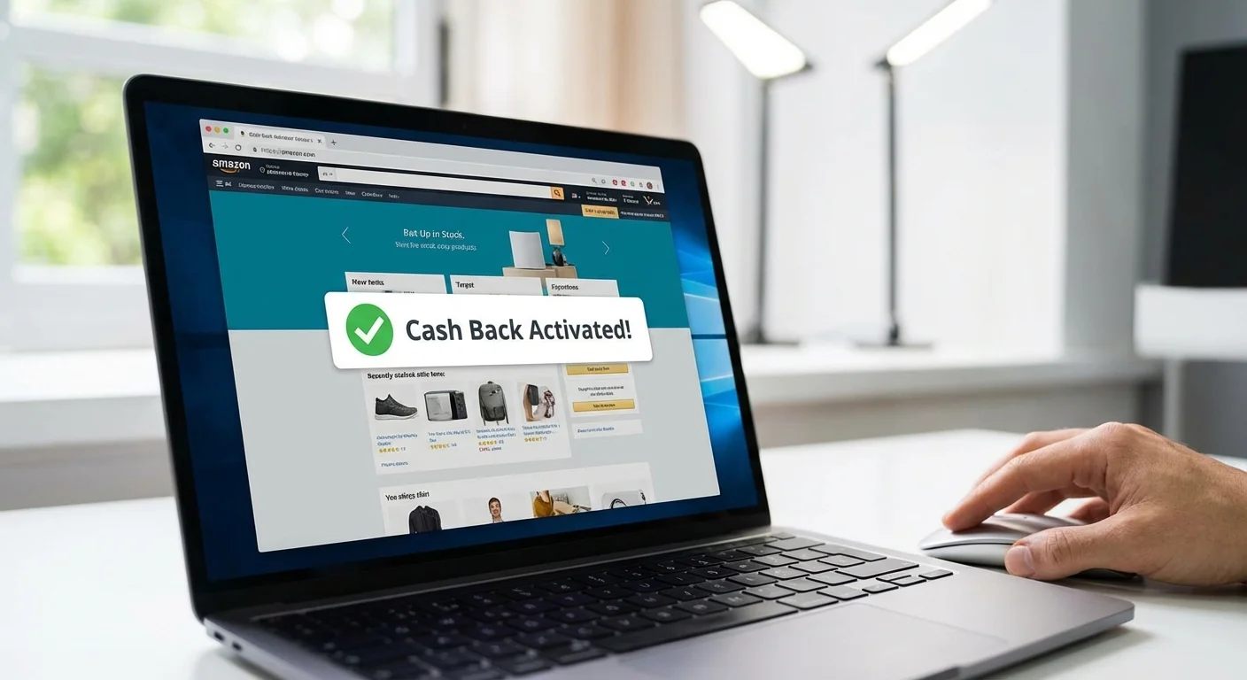 A laptop screen showing a cash-back reward being activated while shopping.