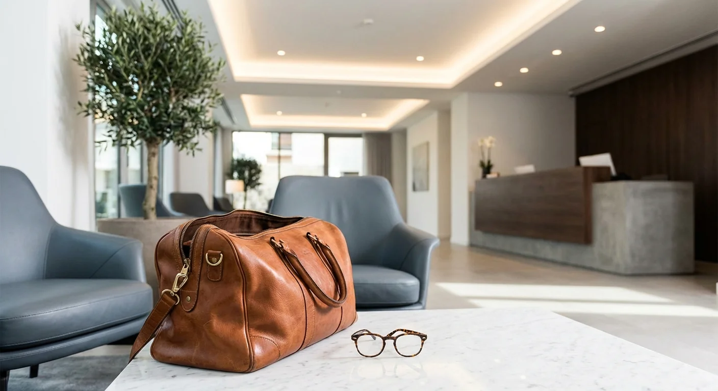 A leather travel bag and glasses in a sophisticated hotel lobby.