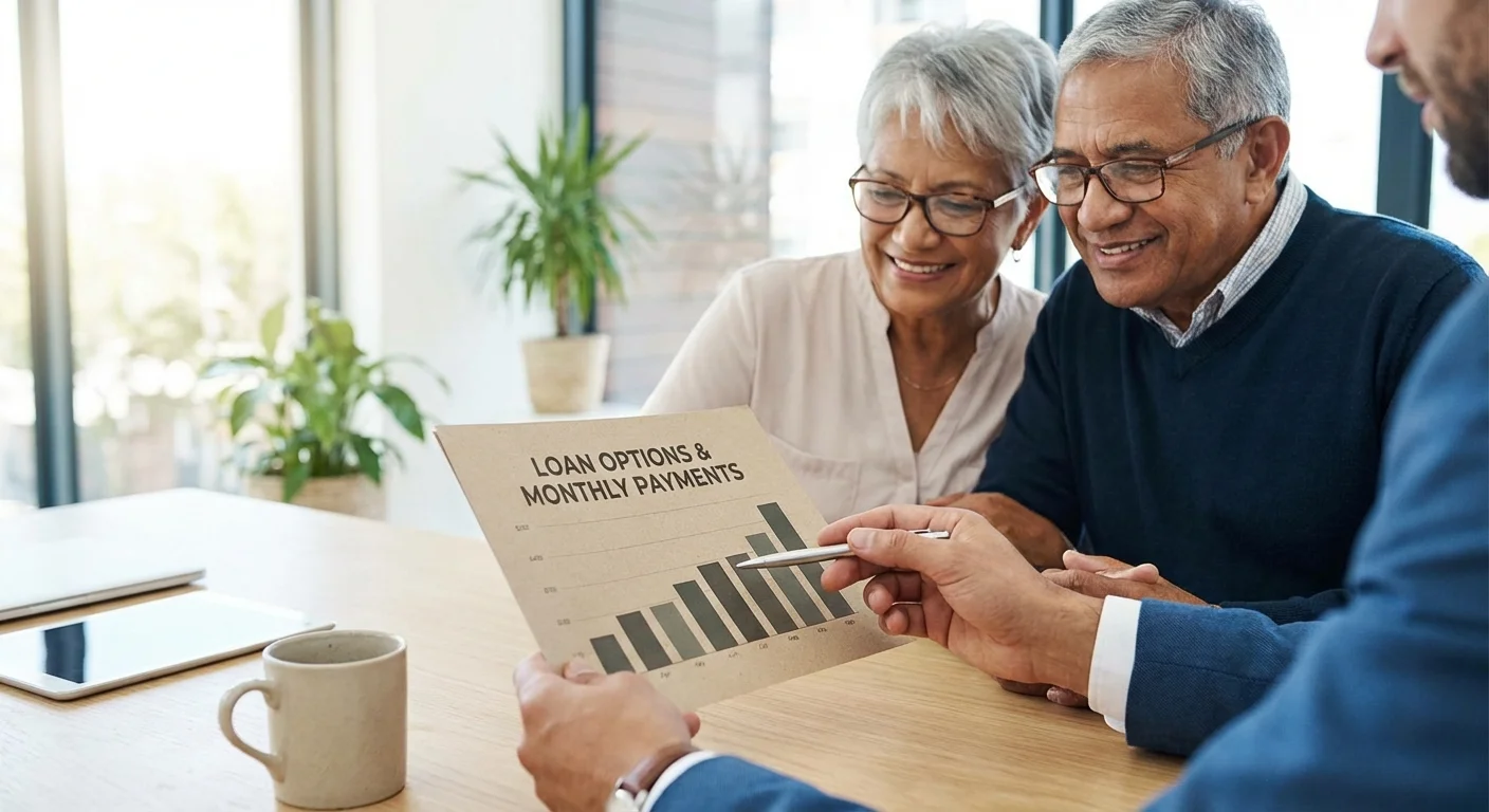 A lender explaining interest rate charts to a senior couple.
