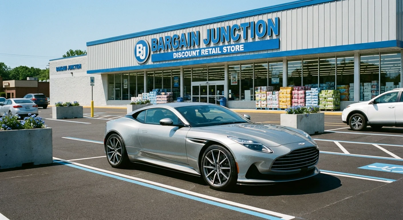 A luxury car parked in front of a discount retail store.