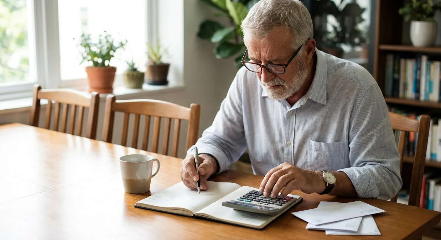 A man carefully calculating figures at a bright table with a notebook.