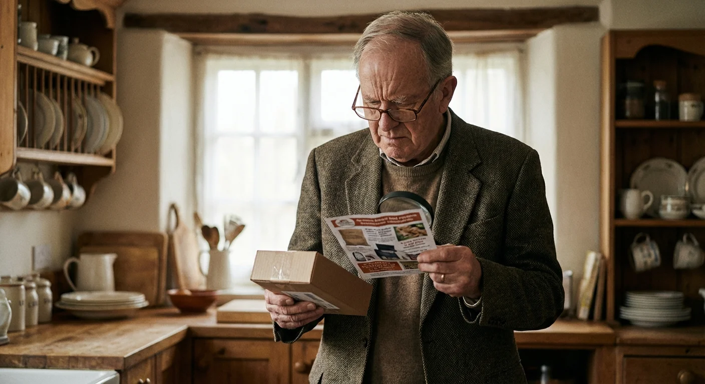 A man carefully reads a promotional flyer in his kitchen.