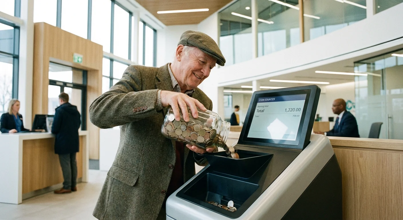 A man depositing a jar of coins into a bank's coin counting machine.