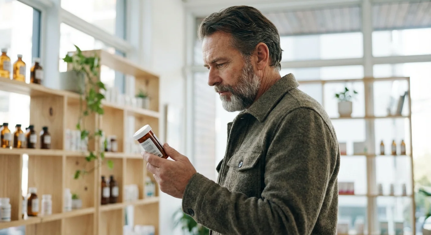 A man in a pharmacy looking at his prescription medication, reflecting on healthcare coverage.