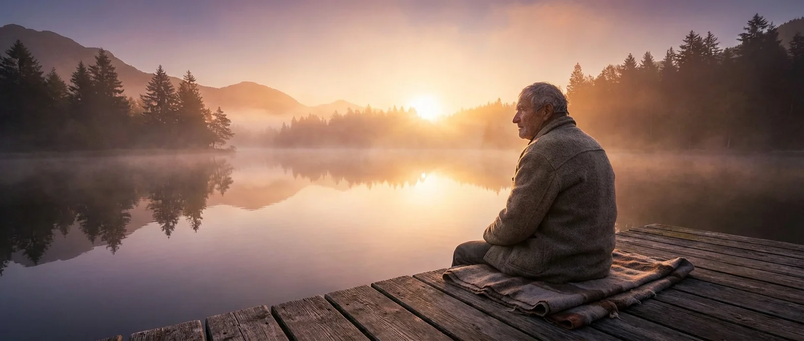 A man looking out over a peaceful lake at sunrise, representing long-term planning.