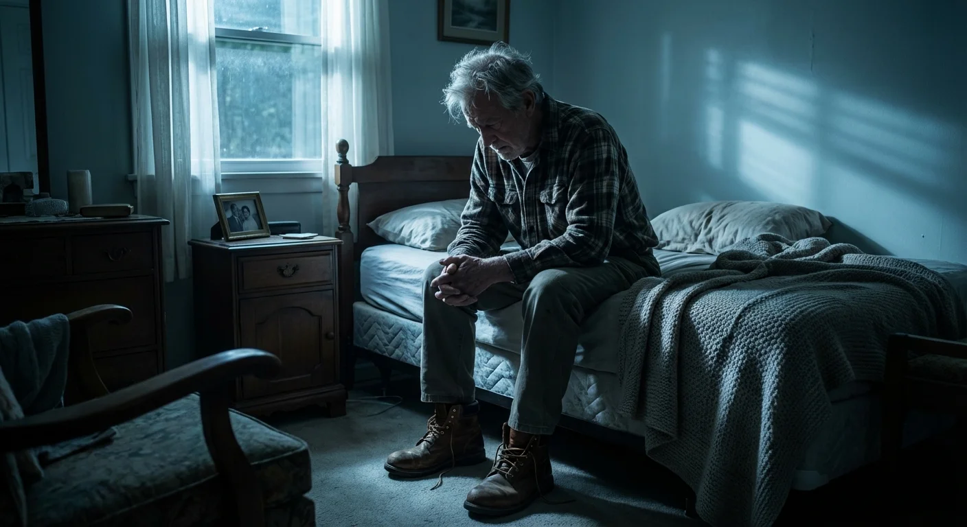 A man sitting on his bed looking tired and dreading the day ahead.