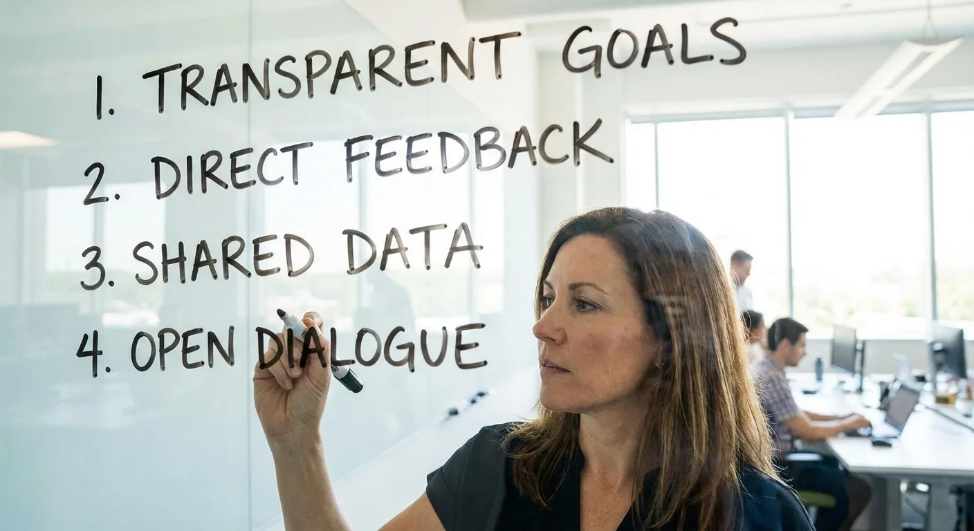 A manager communicating clear goals on a glass whiteboard.