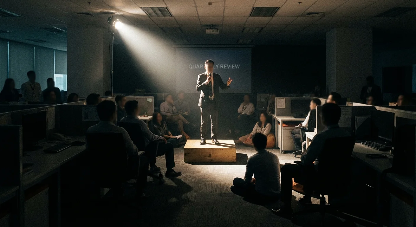 A manager in a spotlight while the employees sit in the dark.