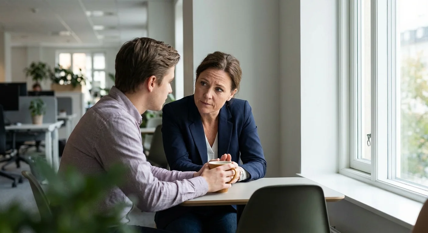 A manager listening intently to an employee during a one-on-one meeting.