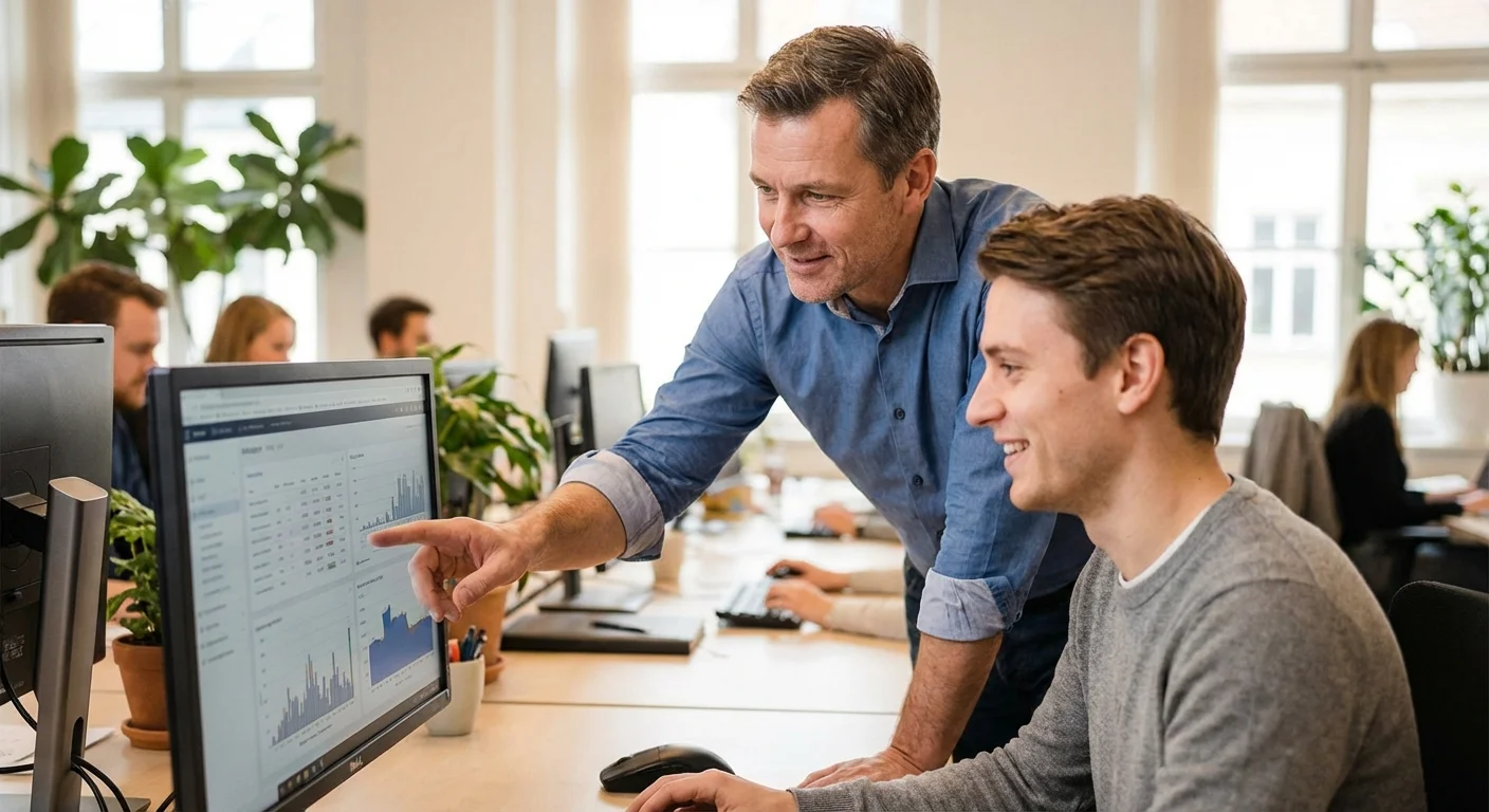 A manager providing hands-on support to an employee at their workstation.