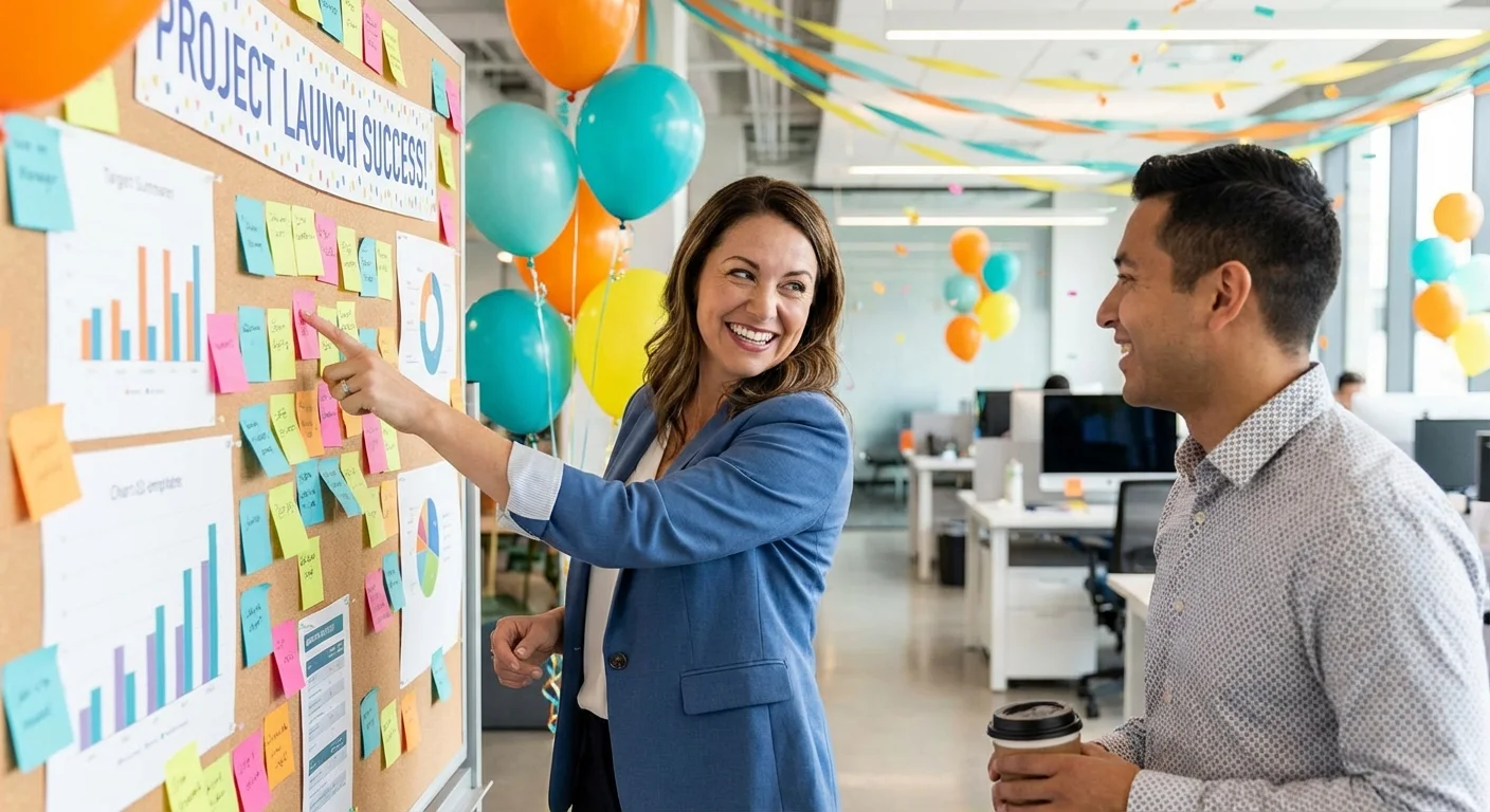 A manager recognizing an employee's success on a project board.
