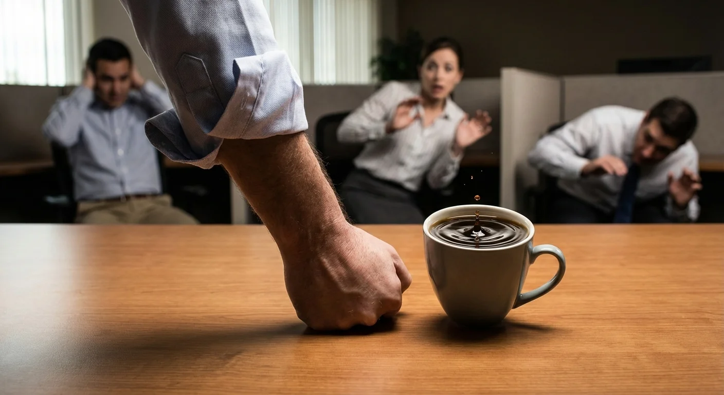 A manager slamming their hand on a desk while employees flinch.