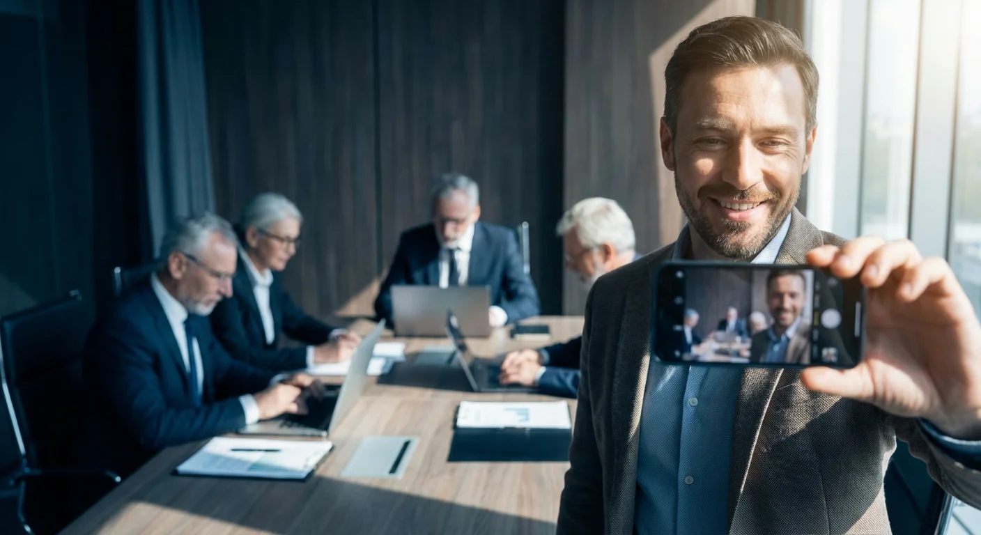 A manager taking a selfie while their team works hard behind them.