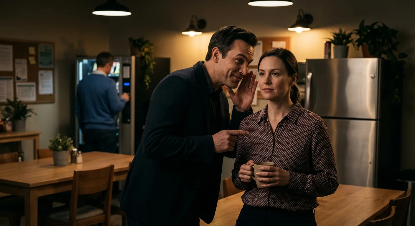 A manager whispering gossip to an employee in an office breakroom.