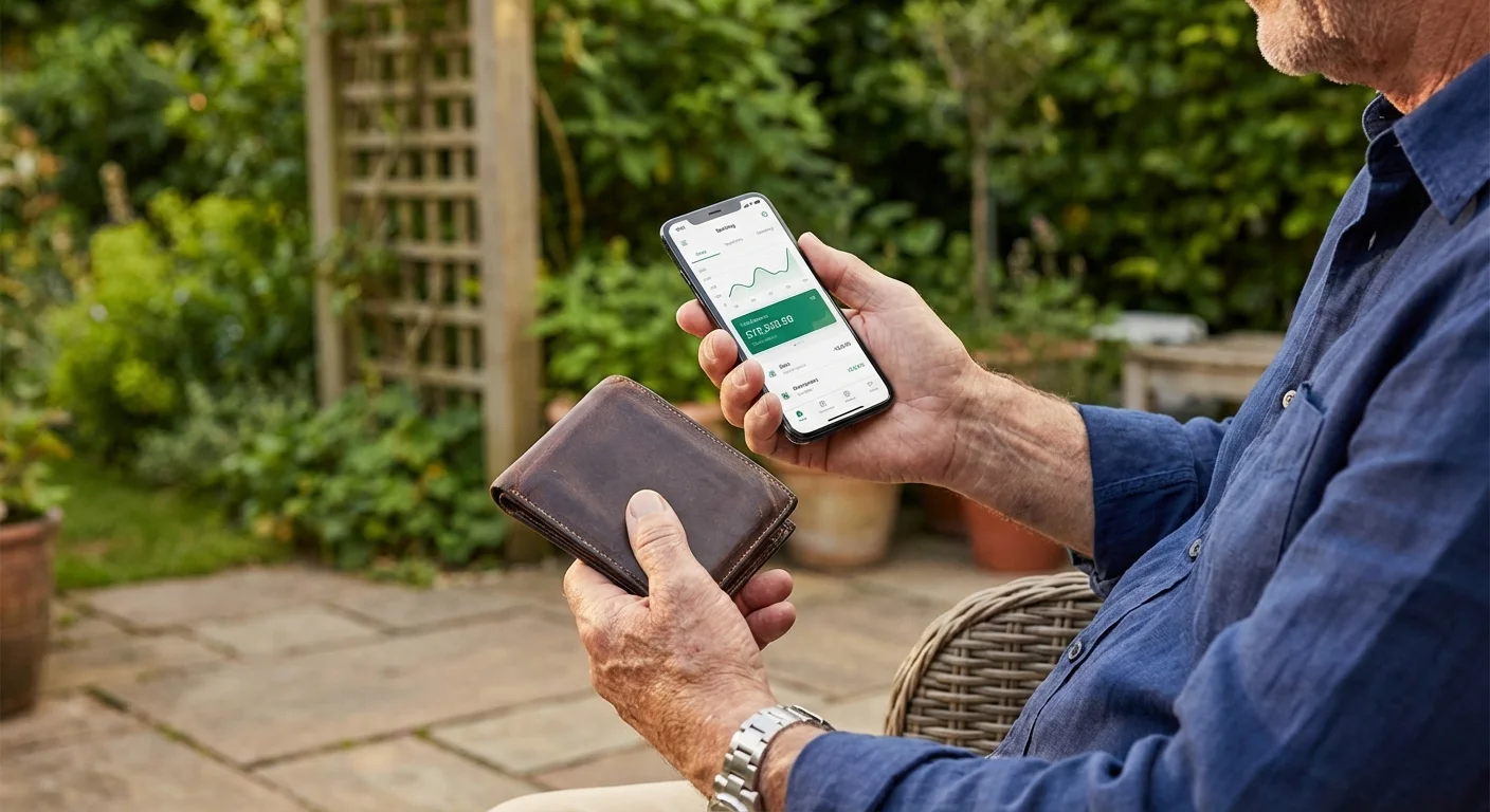 A man's hands holding a wallet and a smartphone, symbolizing financial management.