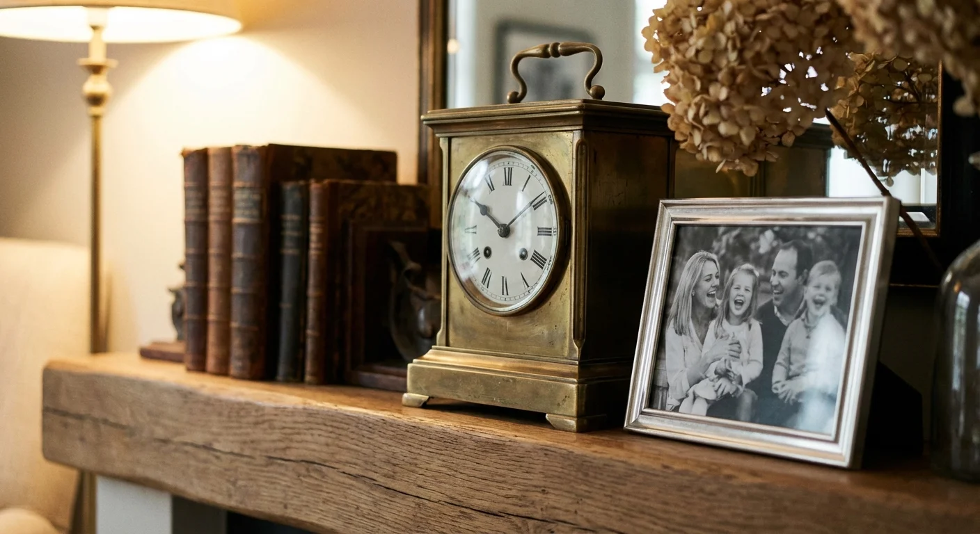 A mantle clock and family photo, symbolizing the passage of time and long-term planning.