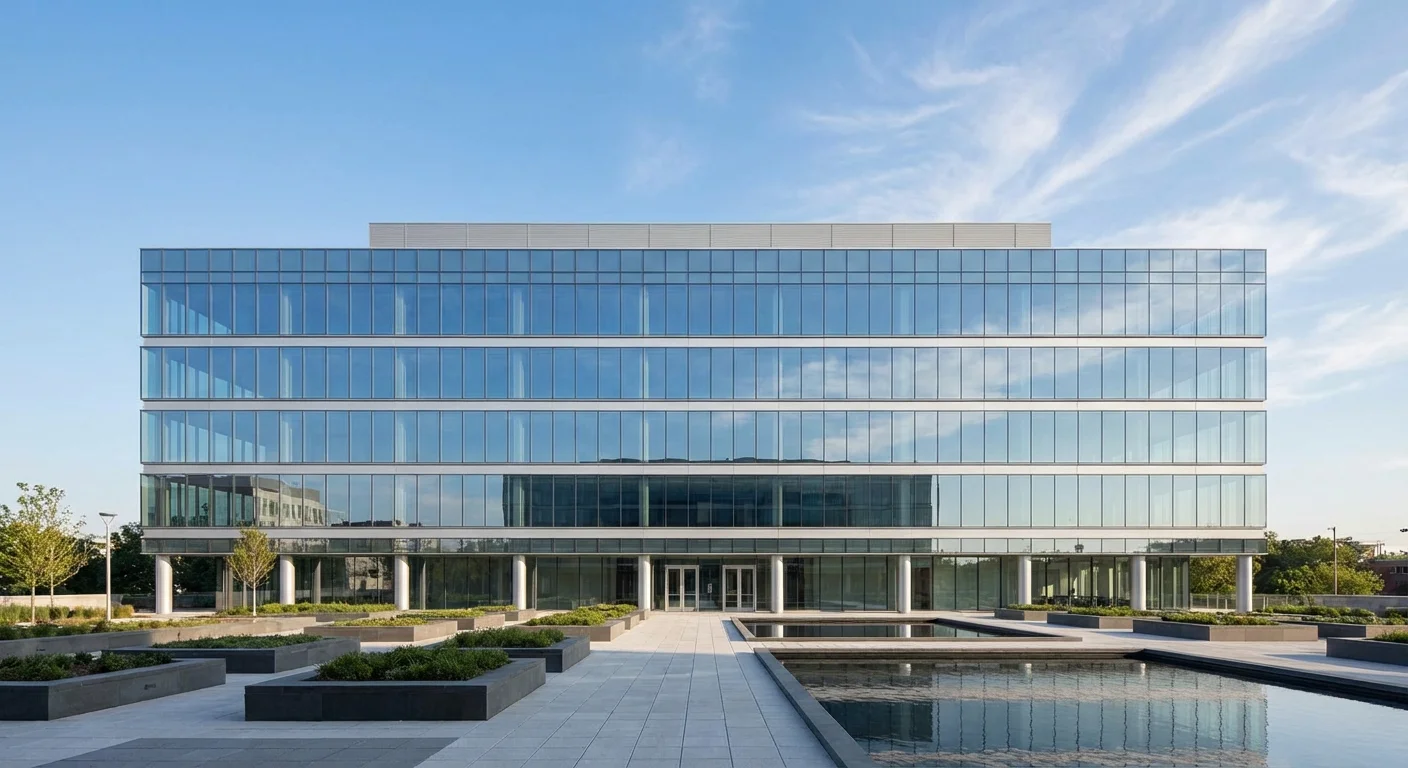 A modern corporate office building with glass windows.