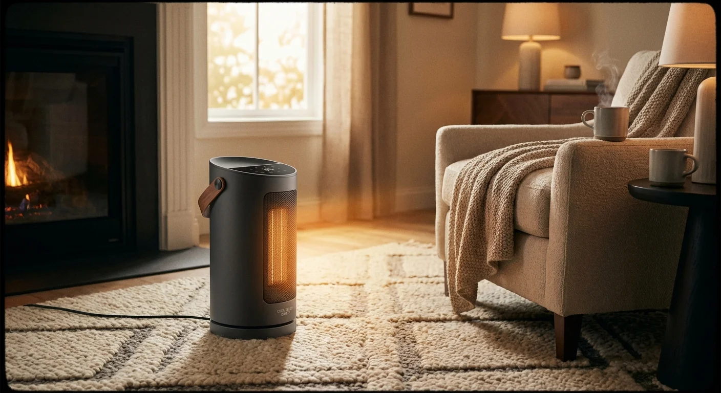 A modern portable space heater on a rug in a cozy room.