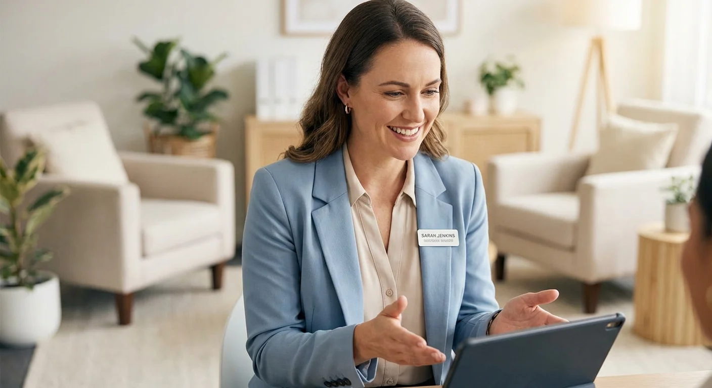 A mortgage professional explaining financial details with a friendly expression.