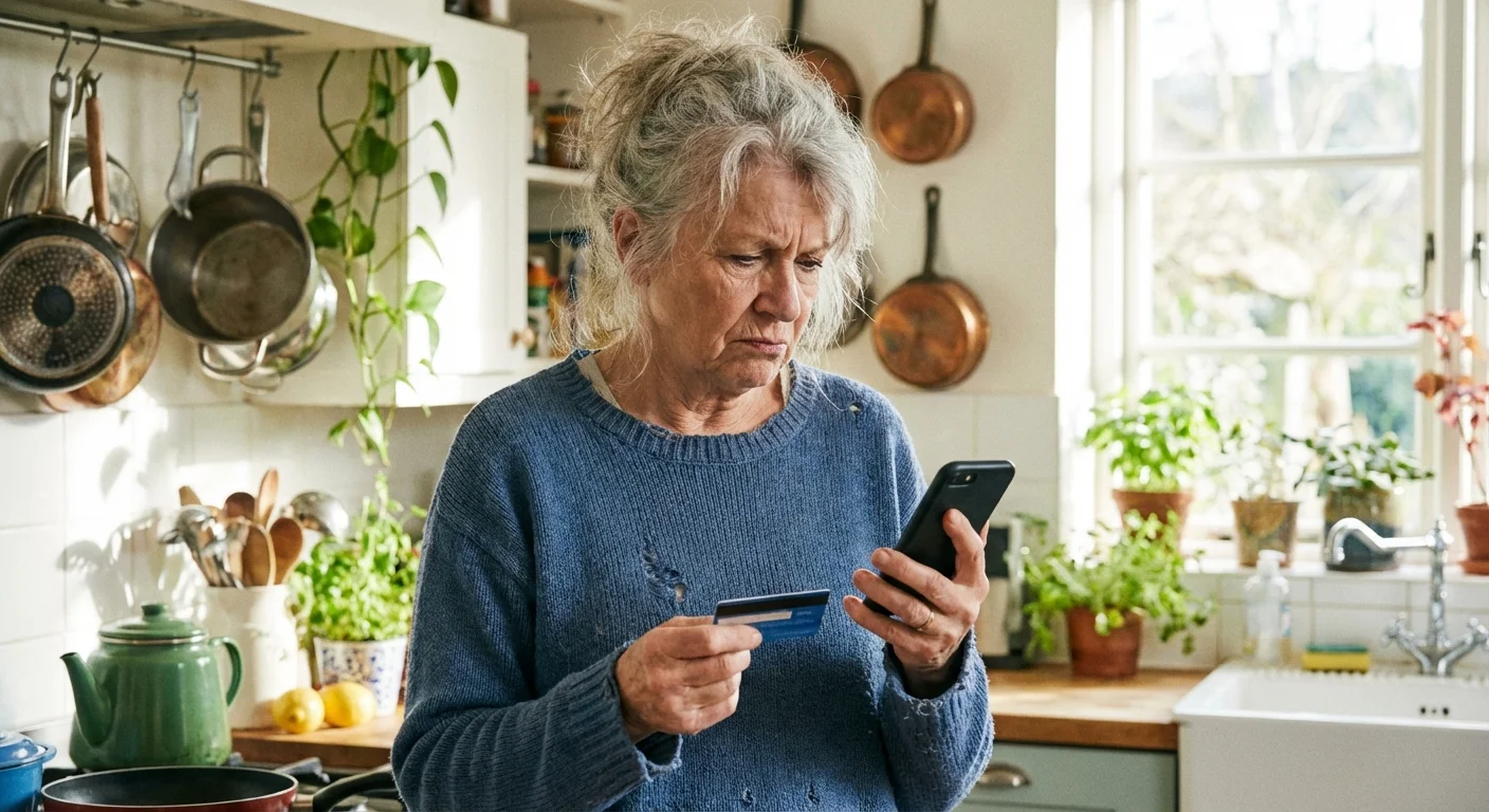 A person looks skeptically at their phone while holding a credit card.