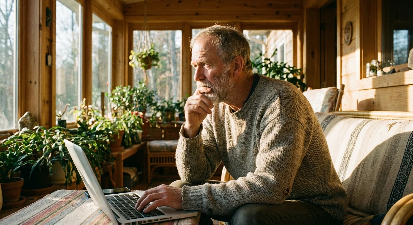 A person pauses while working on a laptop in a sunlit room.
