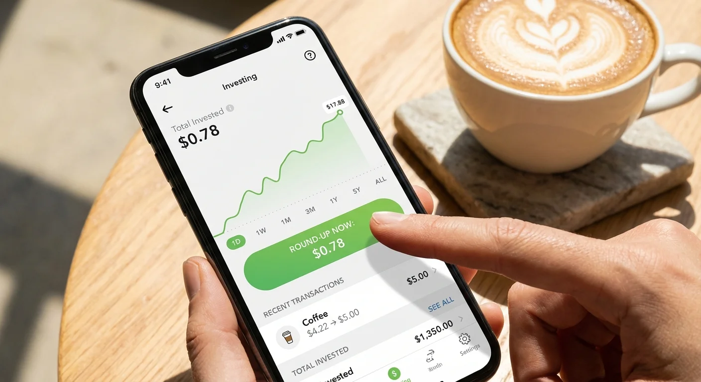 A person using a micro-investing app on their smartphone at a cafe.