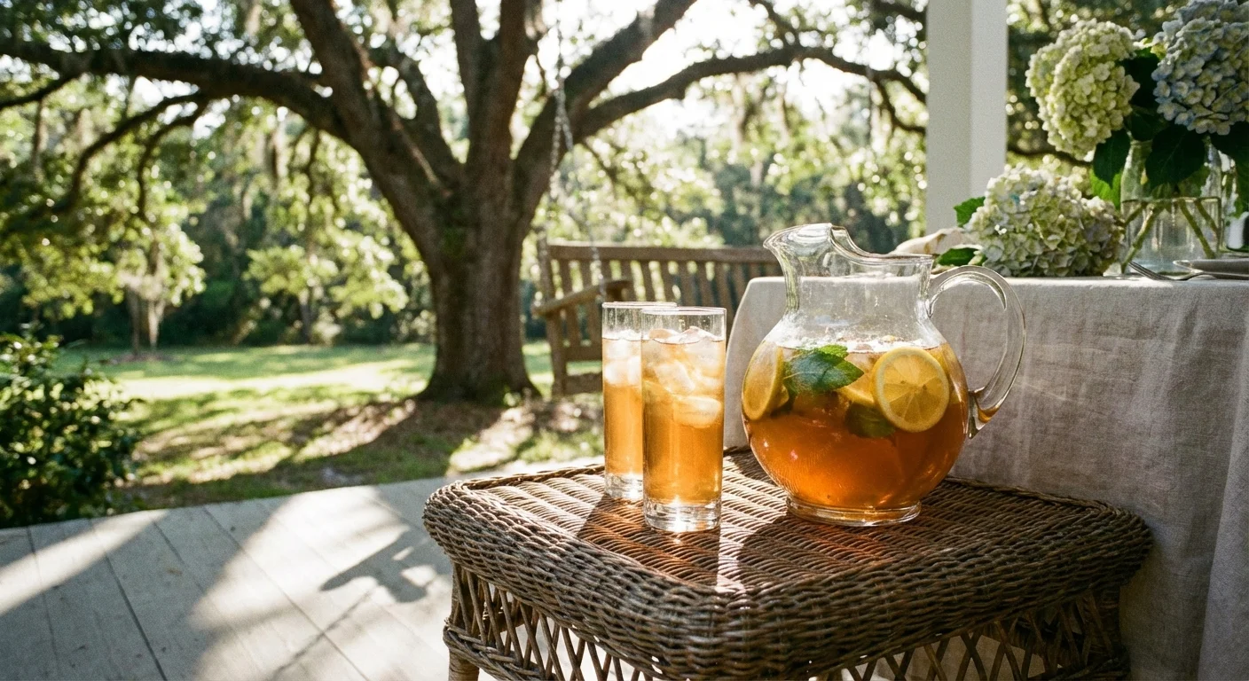A pitcher of iced tea and glasses on a wicker porch table.