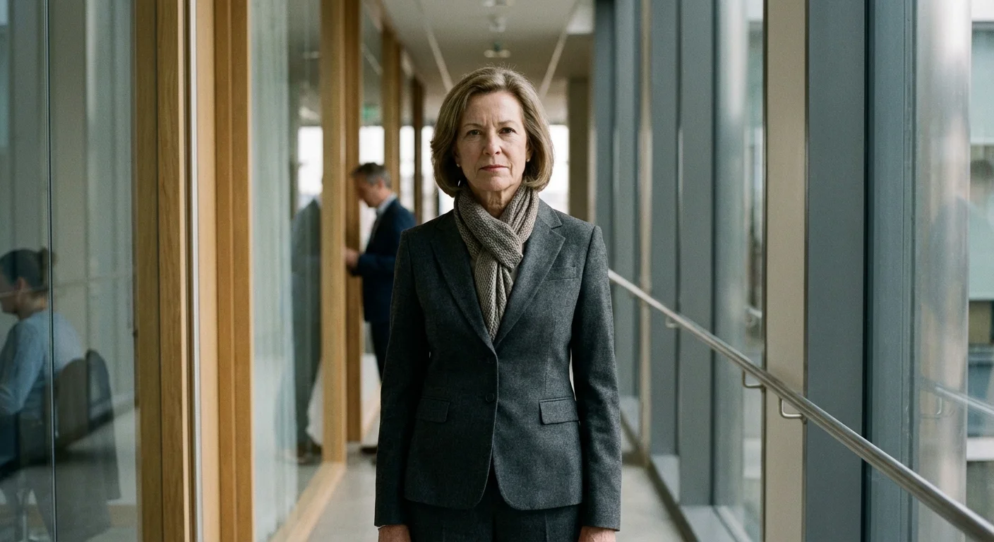 A poised and determined senior executive in a modern office hallway.