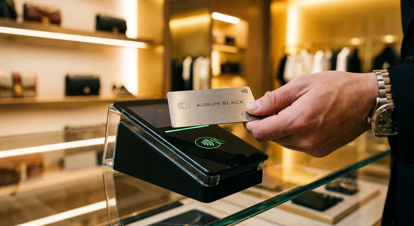 A premium credit card being used for a secure transaction at a store.