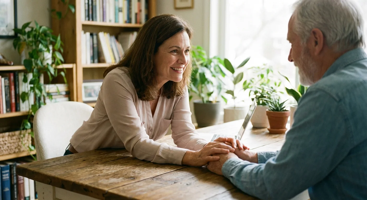 A professional financial advisor having a supportive face-to-face meeting with a senior client.