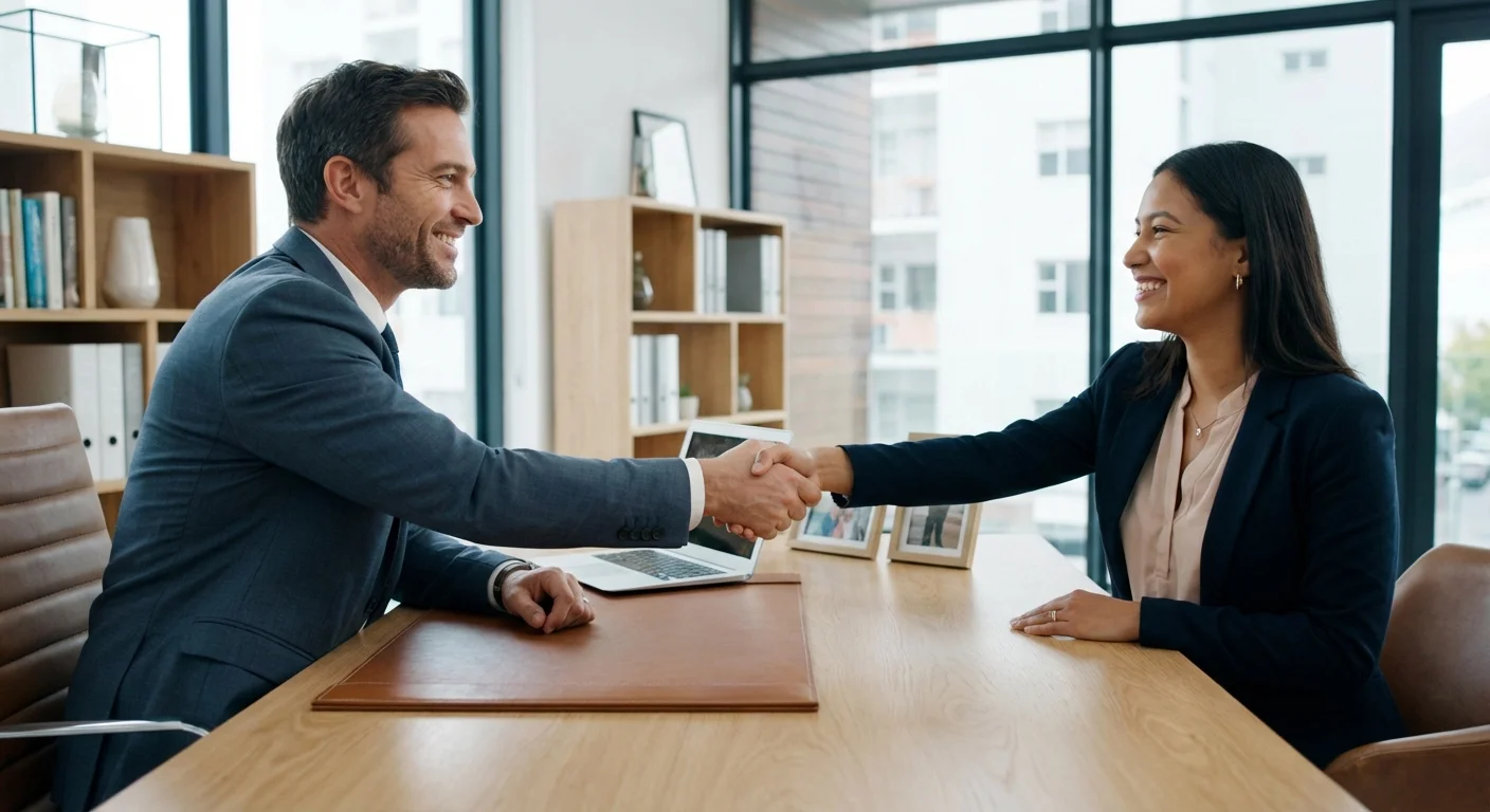 A professional handshake between a manager and staff member in an office.
